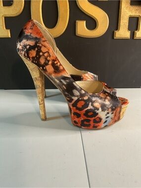 💜💜💜Chinese Laundry Orange and Black Leopard-Print Peep Toe Platforms